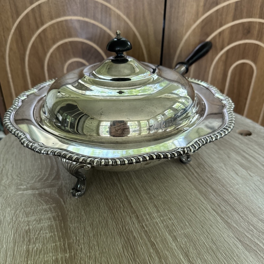 Vintage Engraved Silverplate Footed Covered Chafing Dish With Heating Element